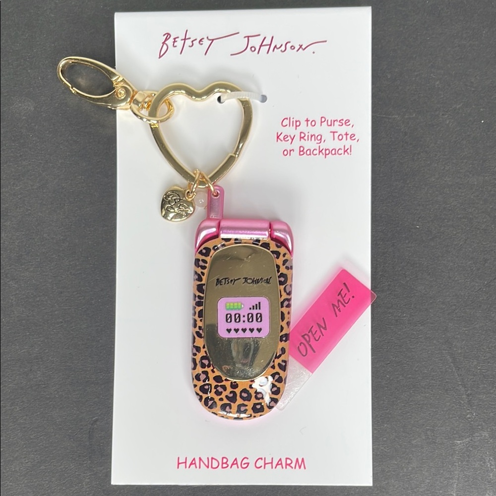 Betsey Johnson Cell Flip Phone Leopard Print Handbag Charm - Pink and Gold
